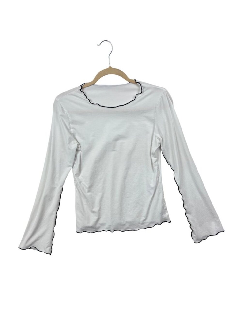 ✨3/$30 Escalier S Y2K White Long Sleeve Top Black Lettuce Hem 95% Cotton Blend